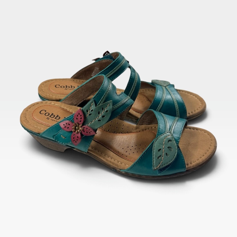 Cobb Hill Vivian Wedge Sandals Womens 9.5 Teal Multi Leather Floral Leaf